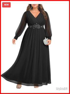 Plus Size Formal Evening Gown Long Puff Sleeve A-Line Maxi Dress